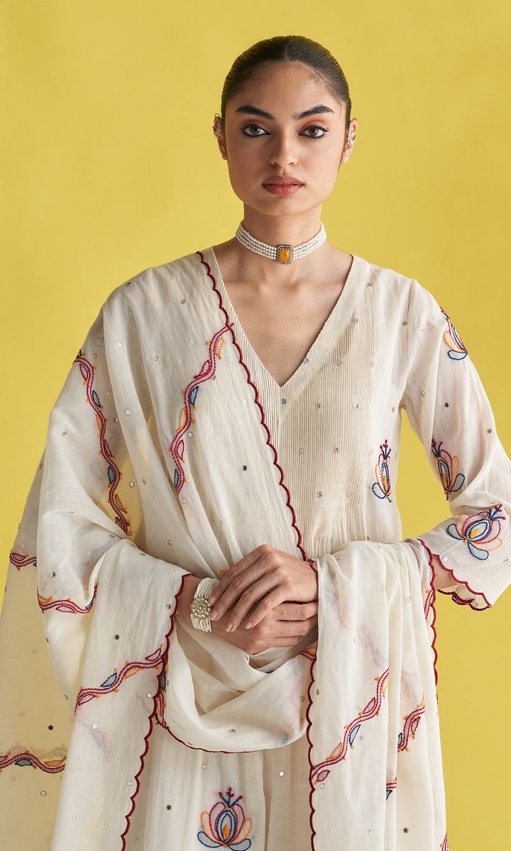 Gulmohar Ivory Chikankari Leheriya Dupatta Only