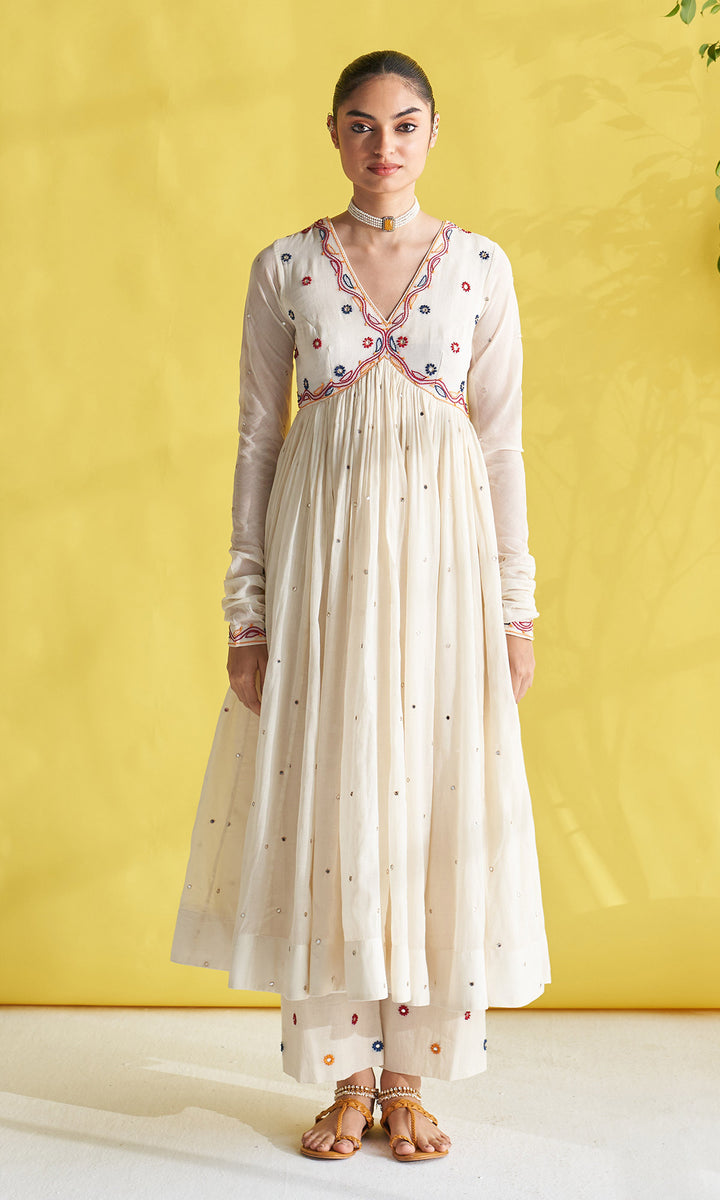 Gulmohar Ivory Chikankari Anarkali With Palazzo And Dupatta (Set Of 3)