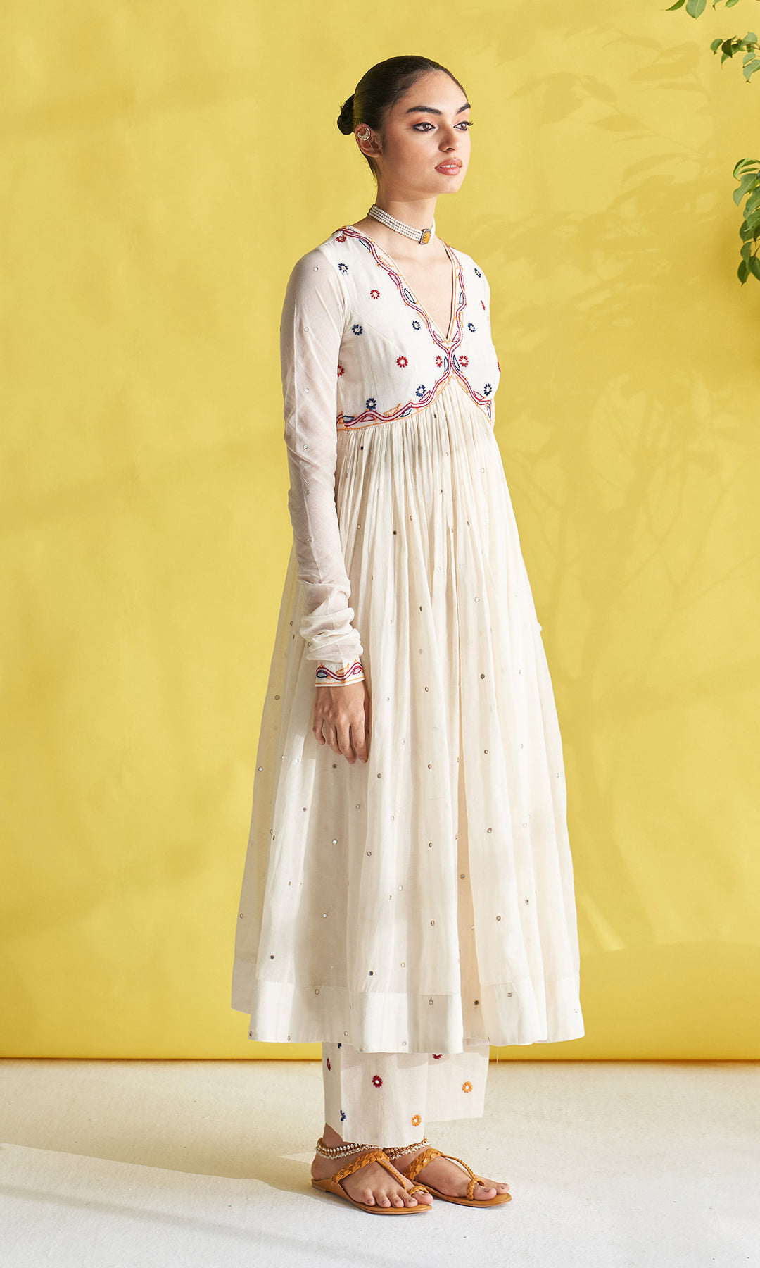 Gulmohar Ivory Chikankari Anarkali With Palazzo And Dupatta (Set Of 3)