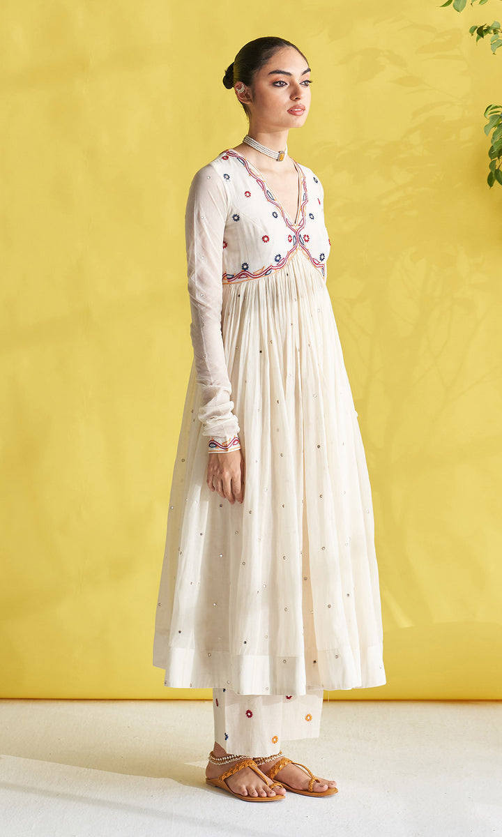 Gulmohar Ivory Chikankari Anarkali With Palazzo And Dupatta (Set Of 3)