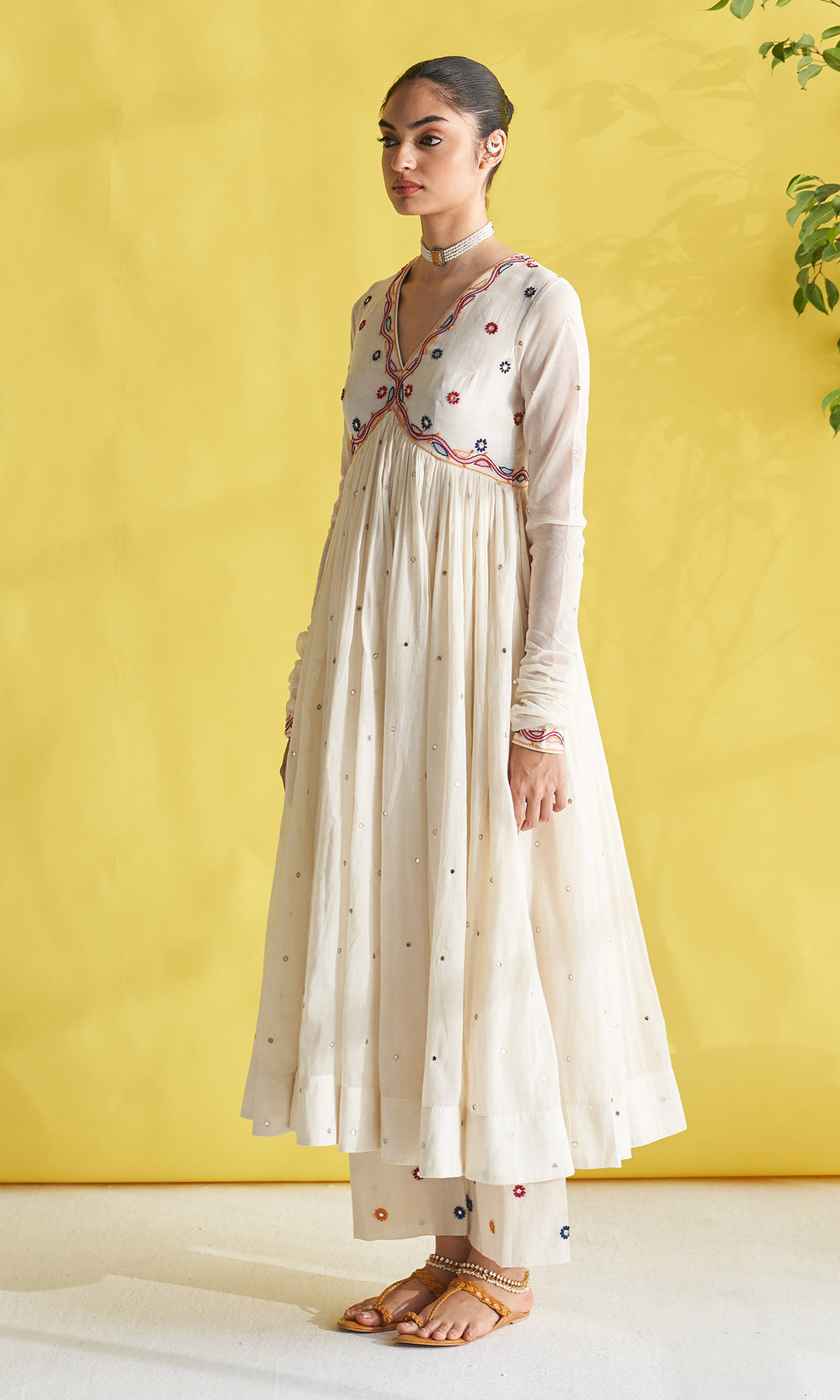 Gulmohar Ivory Chikankari Anarkali With Palazzo And Dupatta (Set Of 3)