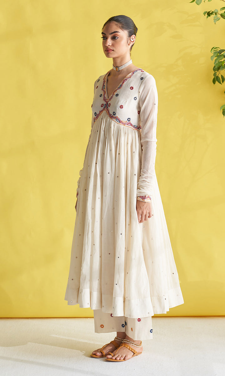 Gulmohar Ivory Chikankari Anarkali With Palazzo And Dupatta (Set Of 3)