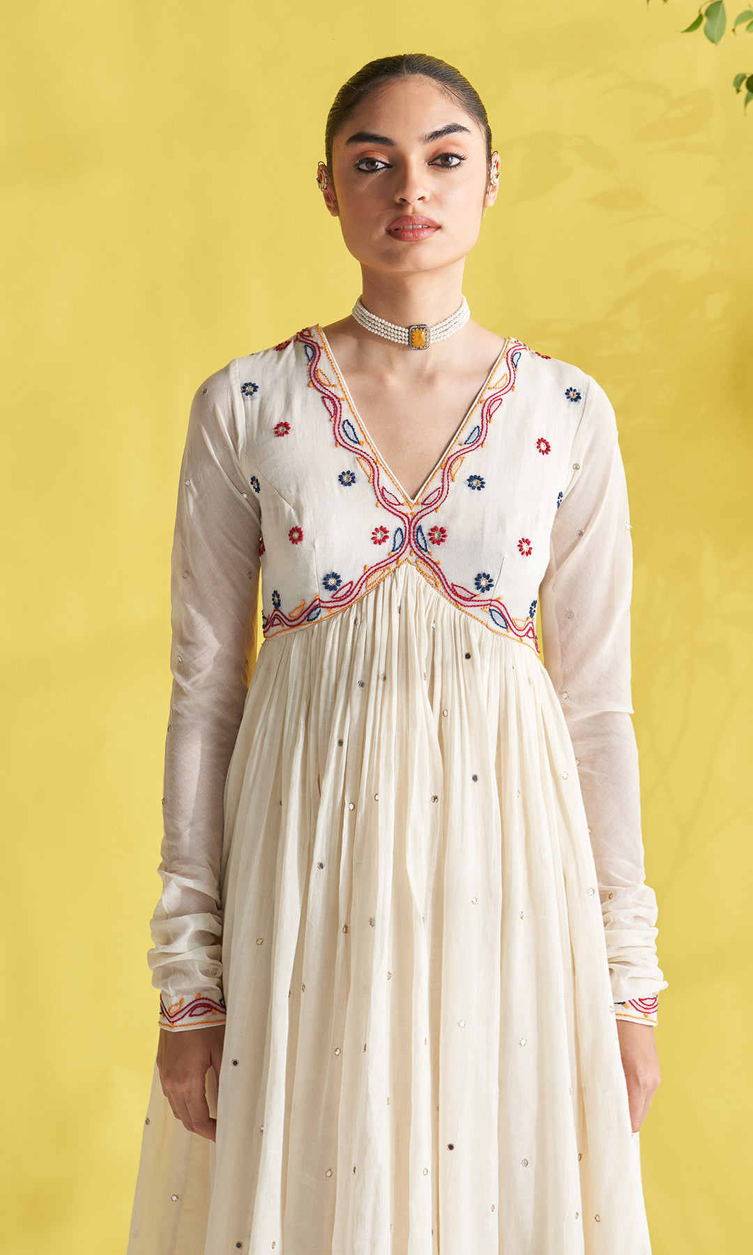 Gulmohar Ivory Chikankari Anarkali With Palazzo And Dupatta (Set Of 3)