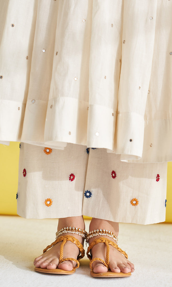 Gulmohar Ivory Chikankari Anarkali With Palazzo And Dupatta (Set Of 3)