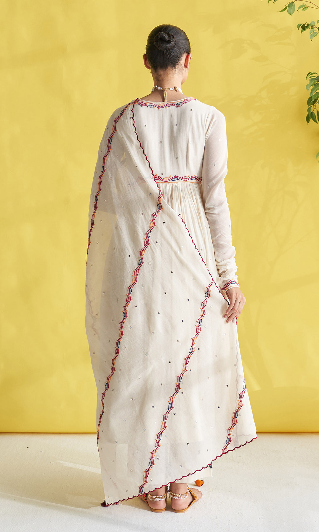 Gulmohar Ivory Chikankari Anarkali With Palazzo And Dupatta (Set Of 3)