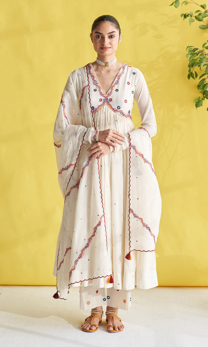 Gulmohar Ivory Chikankari Anarkali With Palazzo And Dupatta (Set Of 3)