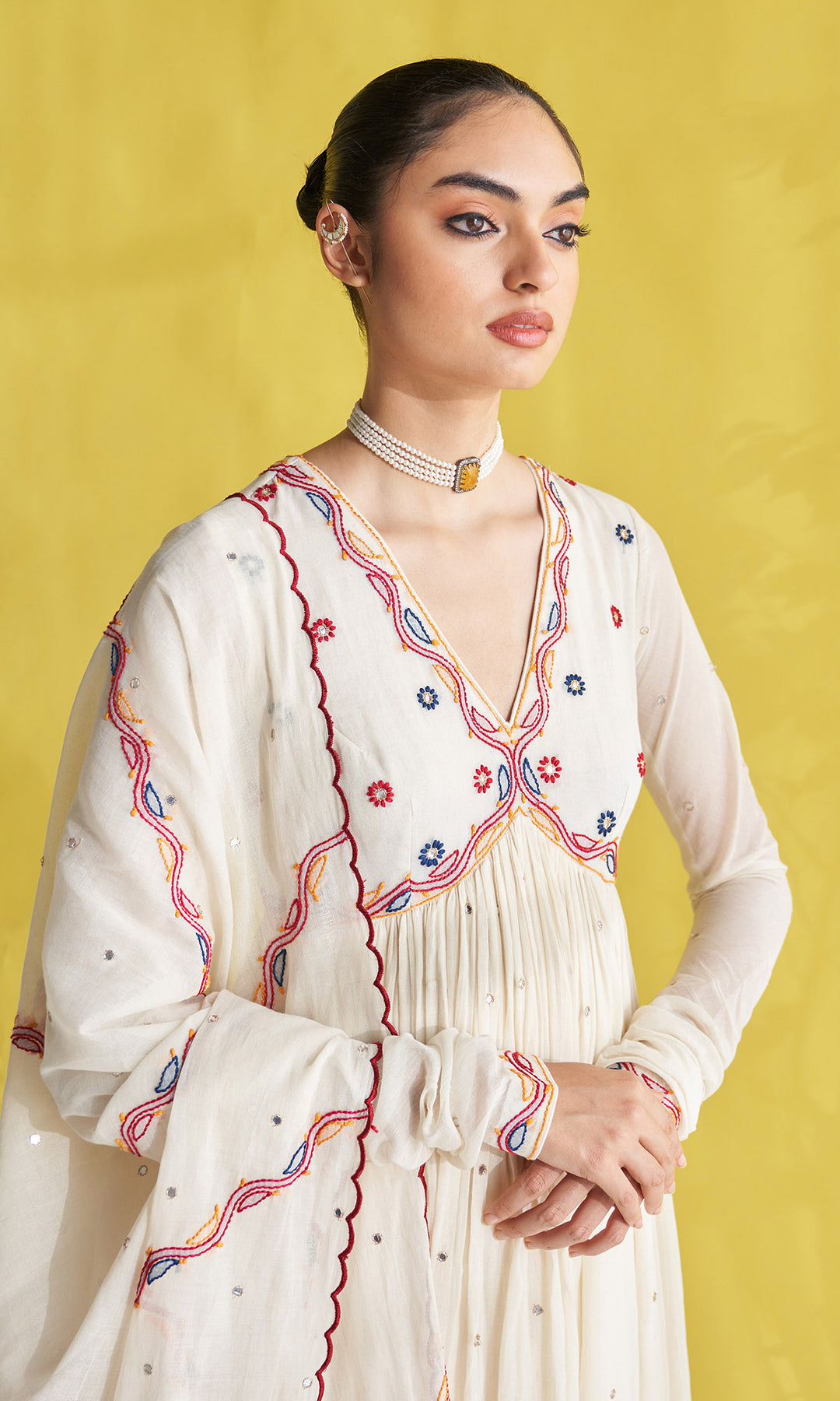 Gulmohar Ivory Chikankari Anarkali With Palazzo And Dupatta (Set Of 3)