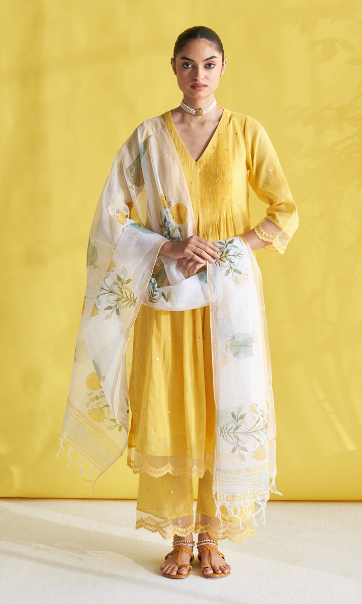 Gulmohar Yellow Pintuck Kurta With Palazzo And Block Printed Dupatta (Set Of 3)