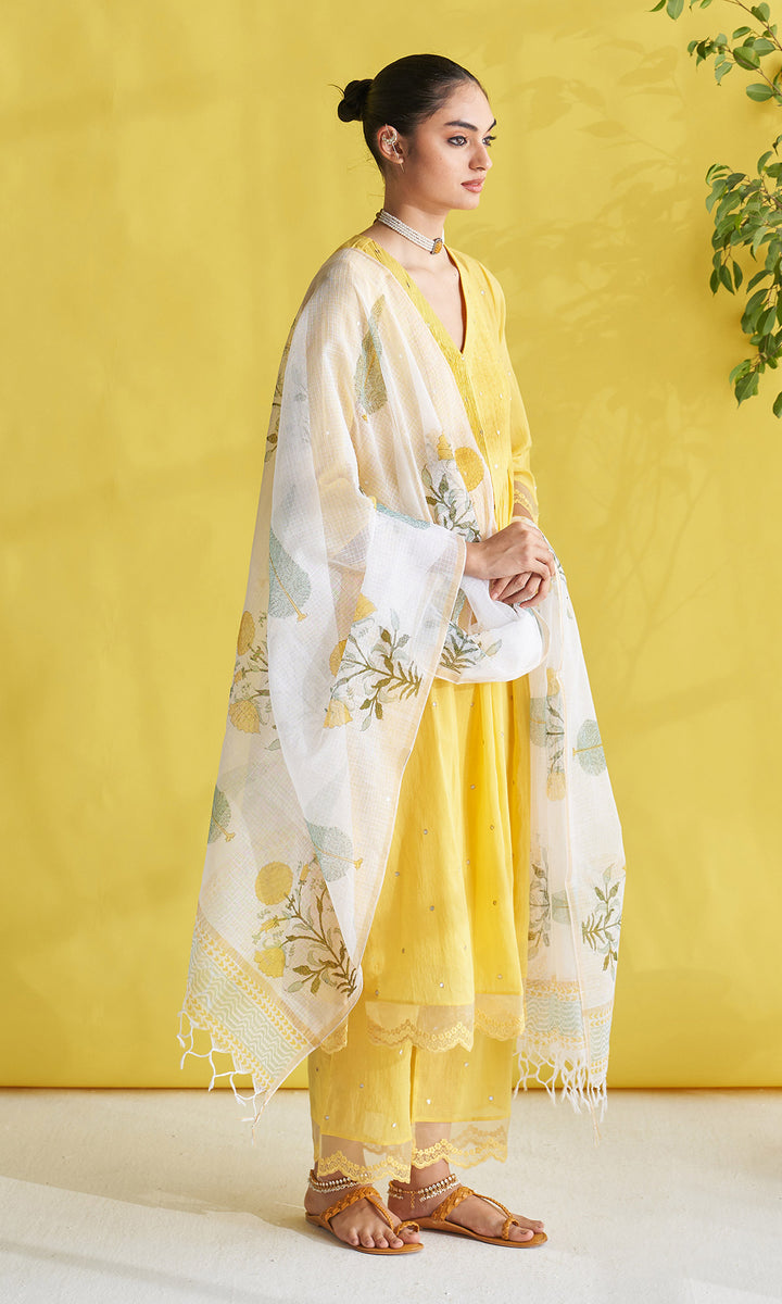 Gulmohar Yellow Pintuck Kurta With Palazzo And Block Printed Dupatta (Set Of 3)