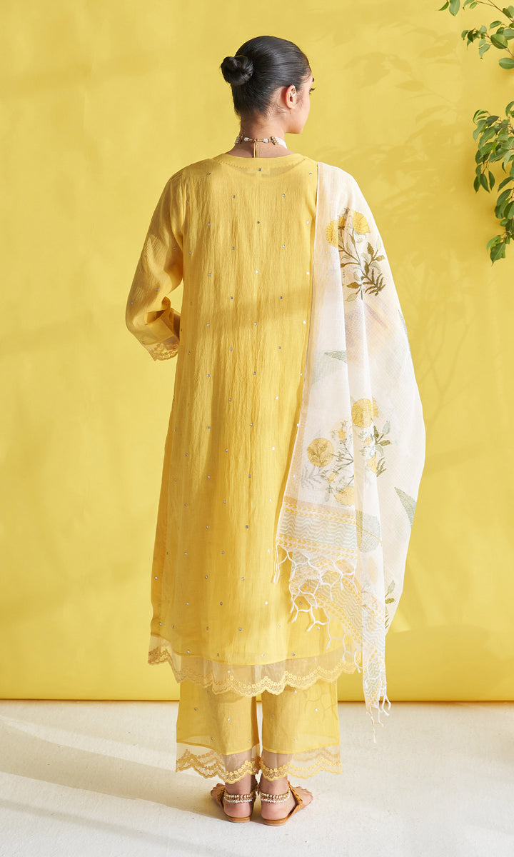 Gulmohar Yellow Pintuck Kurta With Palazzo And Block Printed Dupatta (Set Of 3)