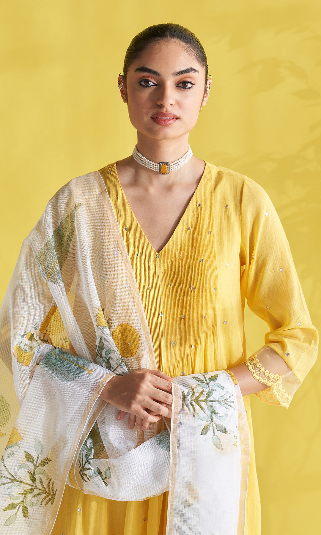 Gulmohar Yellow Pintuck Kurta With Palazzo And Block Printed Dupatta (Set Of 3)