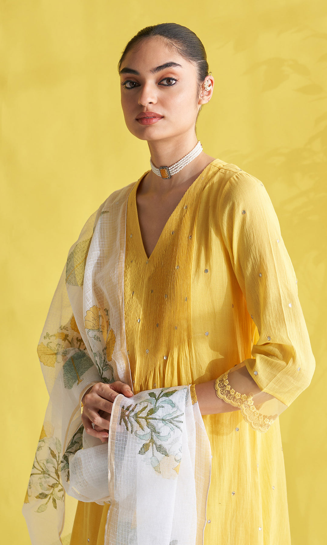 Gulmohar Yellow Pintuck Kurta With Palazzo And Block Printed Dupatta (Set Of 3)