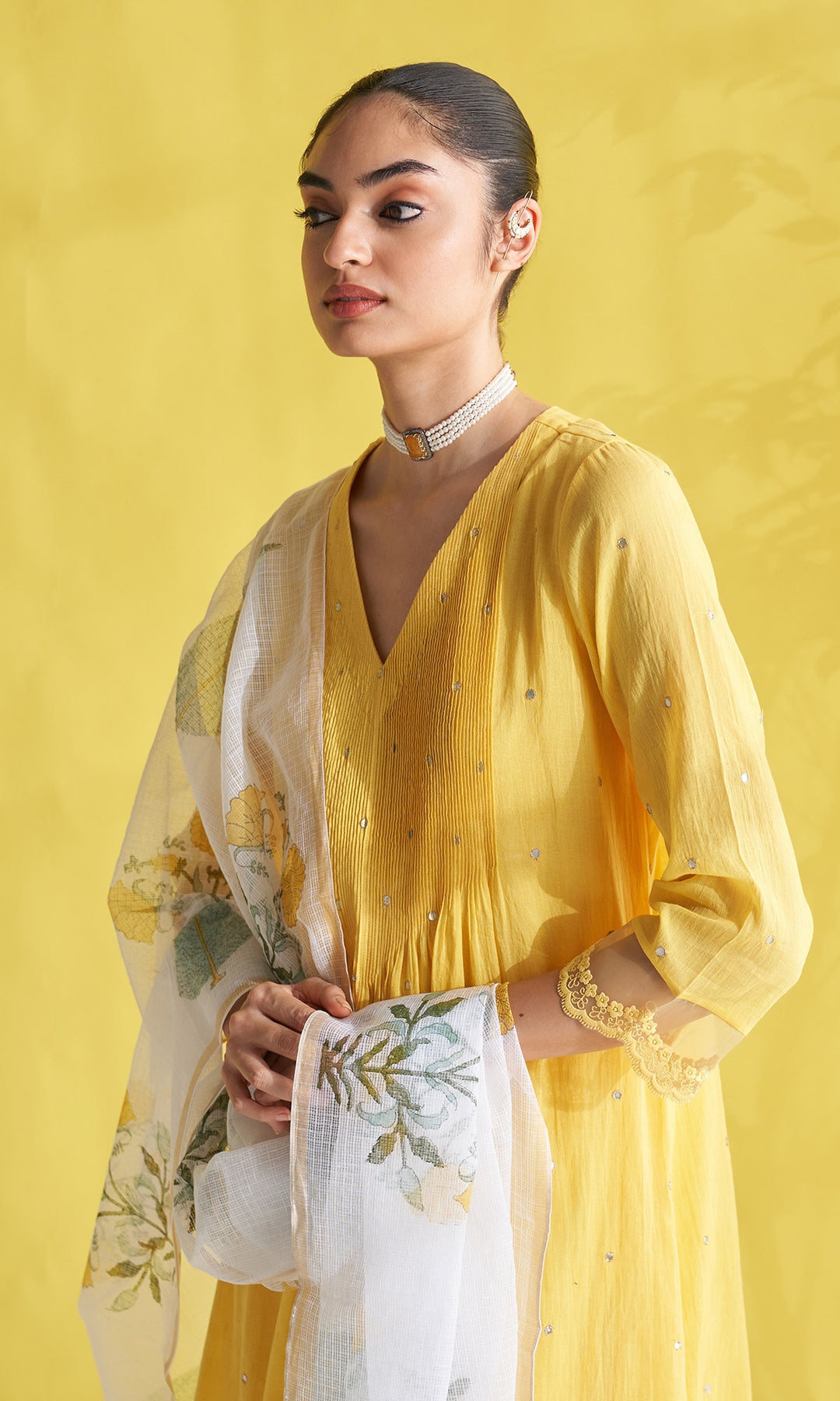 Gulmohar Yellow Pintuck Kurta With Palazzo And Block Printed Dupatta (Set Of 3)