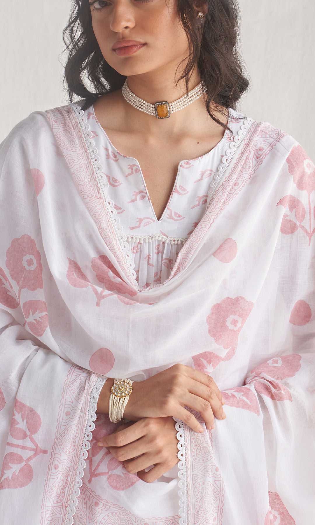 Gulmohar khari dusty pink tiered block printed anarkali with palazzo and dupatta (set of 3)