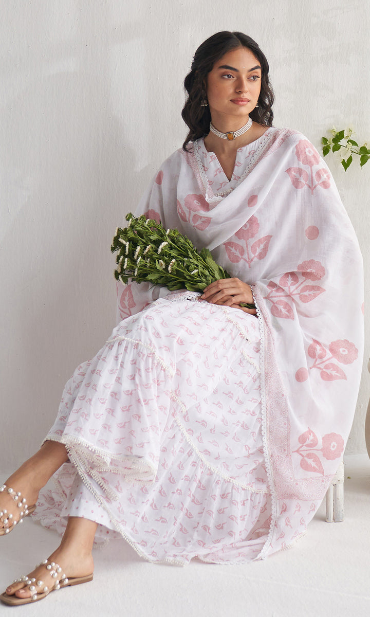 Gulmohar khari dusty pink tiered block printed anarkali with palazzo and dupatta (set of 3)