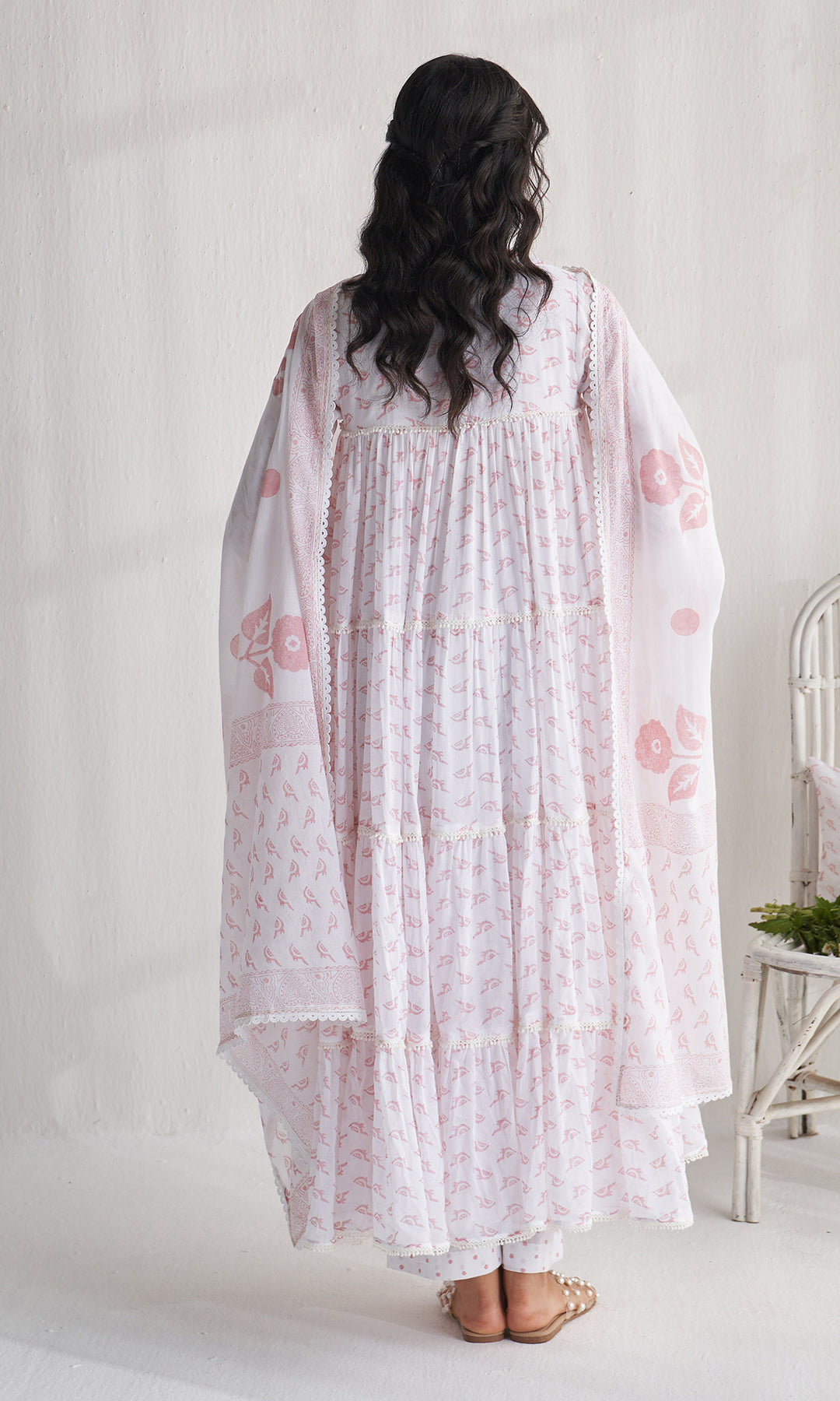 Gulmohar khari dusty pink tiered block printed anarkali with palazzo and dupatta (set of 3)