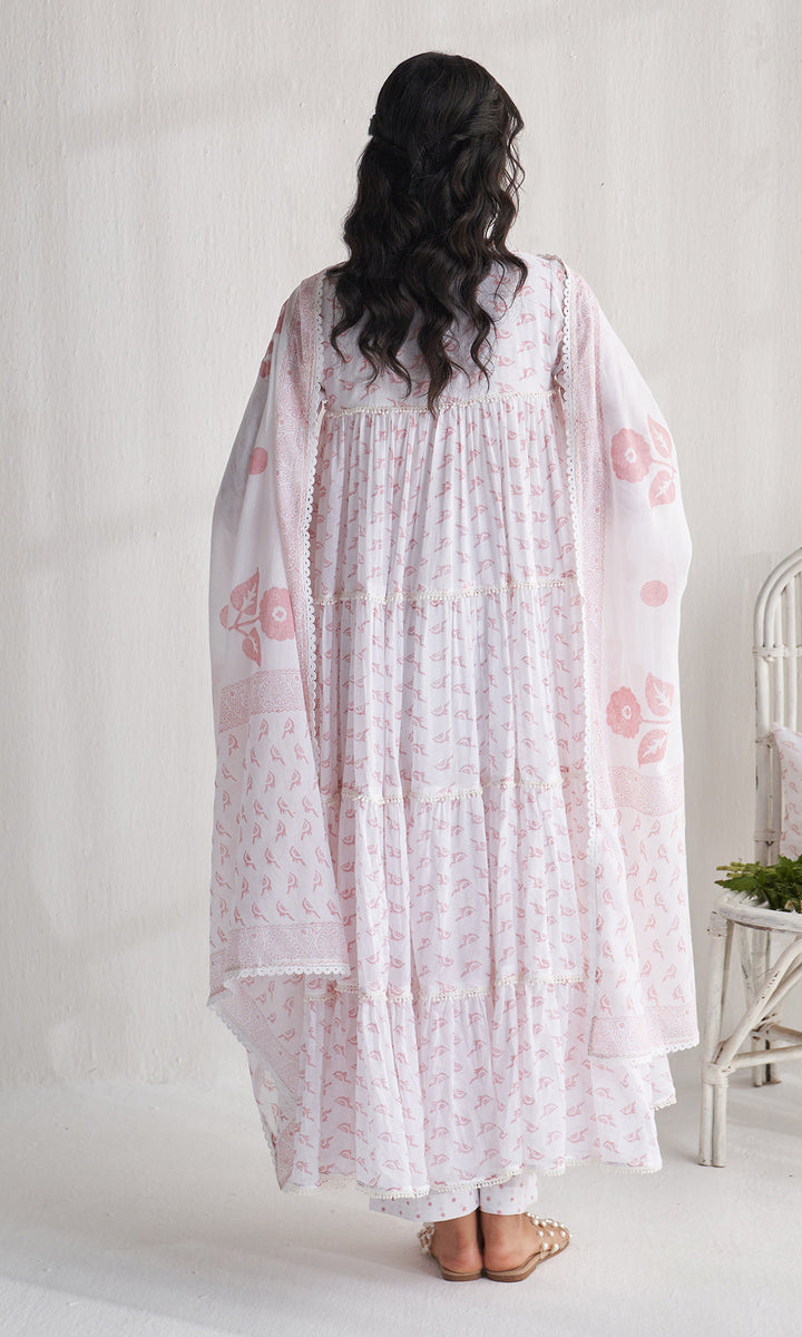 Gulmohar khari dusty pink tiered block printed anarkali with palazzo and dupatta (set of 3)