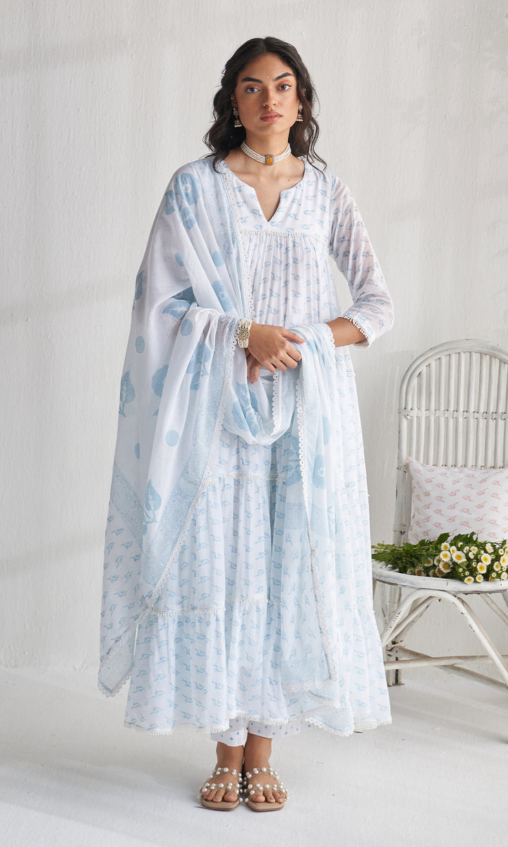 Gulmohar khari powder blue tiered block printed anarkali with palazzo and dupatta (set of 3)
