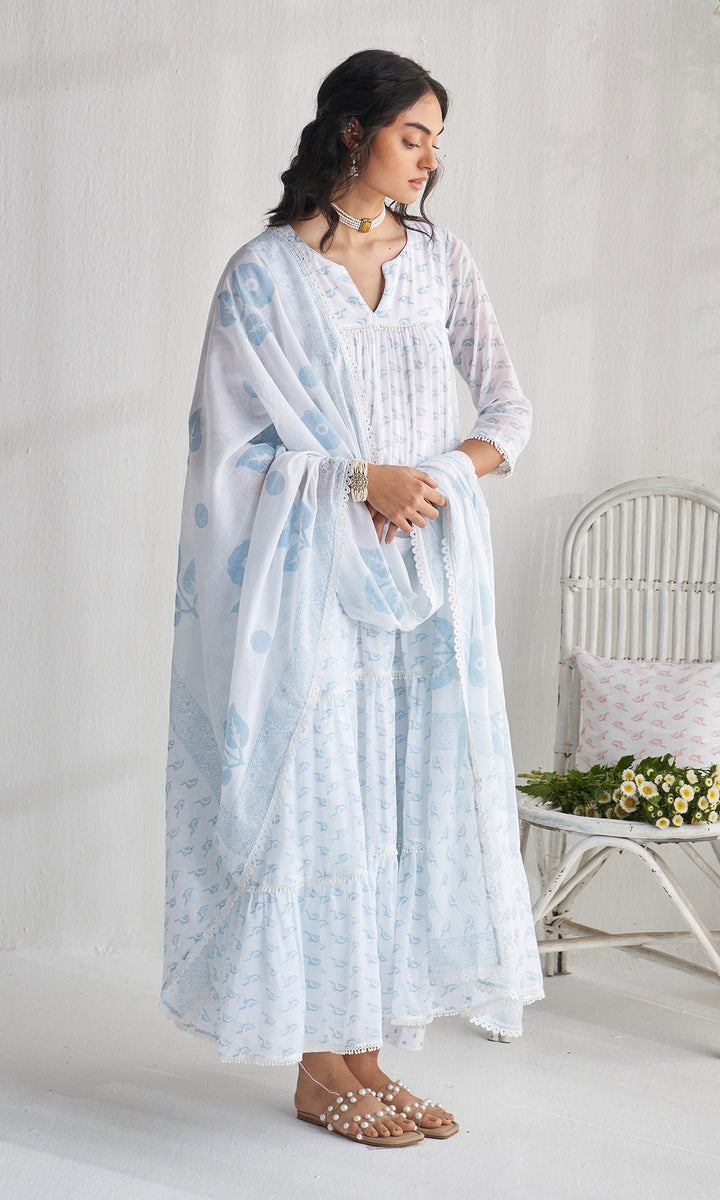 Gulmohar khari powder blue tiered block printed anarkali with palazzo and dupatta (set of 3)