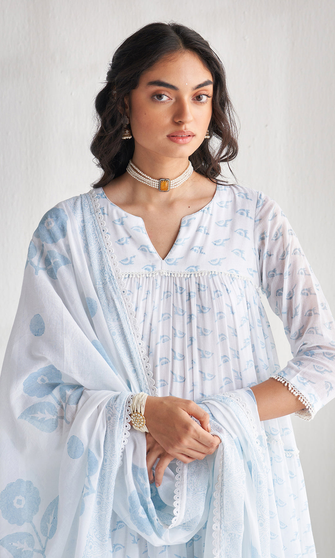 Gulmohar khari powder blue tiered block printed anarkali with palazzo and dupatta (set of 3)