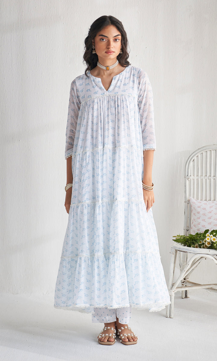 Gulmohar khari powder blue tiered block printed anarkali with palazzo and dupatta (set of 3)