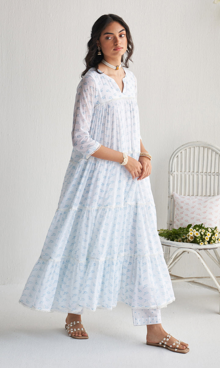 Gulmohar khari powder blue tiered block printed anarkali with palazzo and dupatta (set of 3)