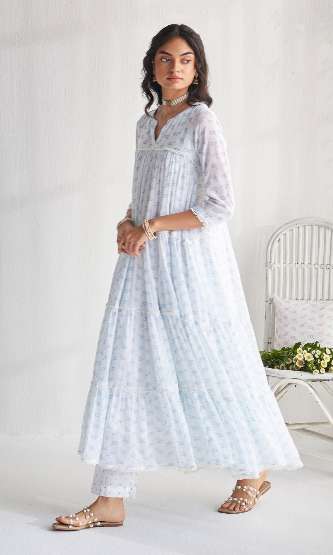 Gulmohar khari powder blue tiered block printed anarkali with palazzo and dupatta (set of 3)