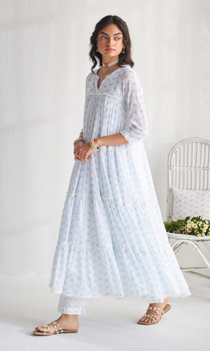 Gulmohar khari powder blue tiered block printed anarkali with palazzo and dupatta (set of 3)