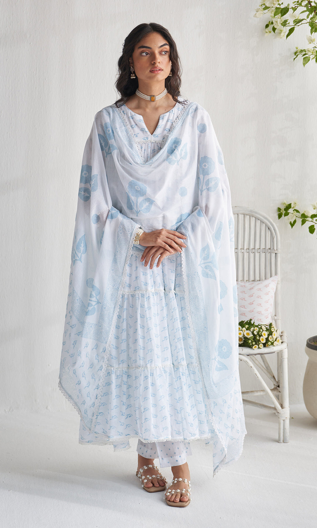 Gulmohar khari powder blue tiered block printed anarkali with palazzo and dupatta (set of 3)