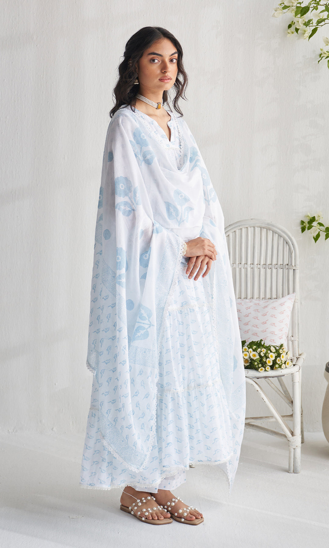 Gulmohar khari powder blue tiered block printed anarkali with palazzo and dupatta (set of 3)