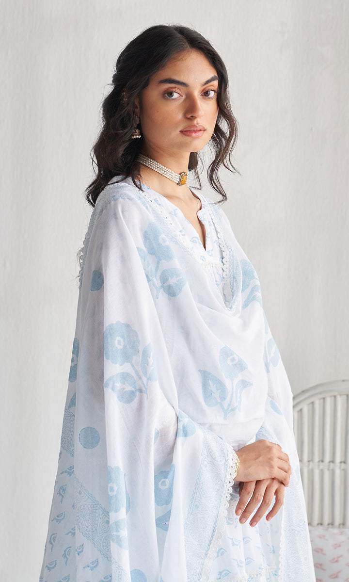 Gulmohar khari powder blue tiered block printed anarkali with palazzo and dupatta (set of 3)