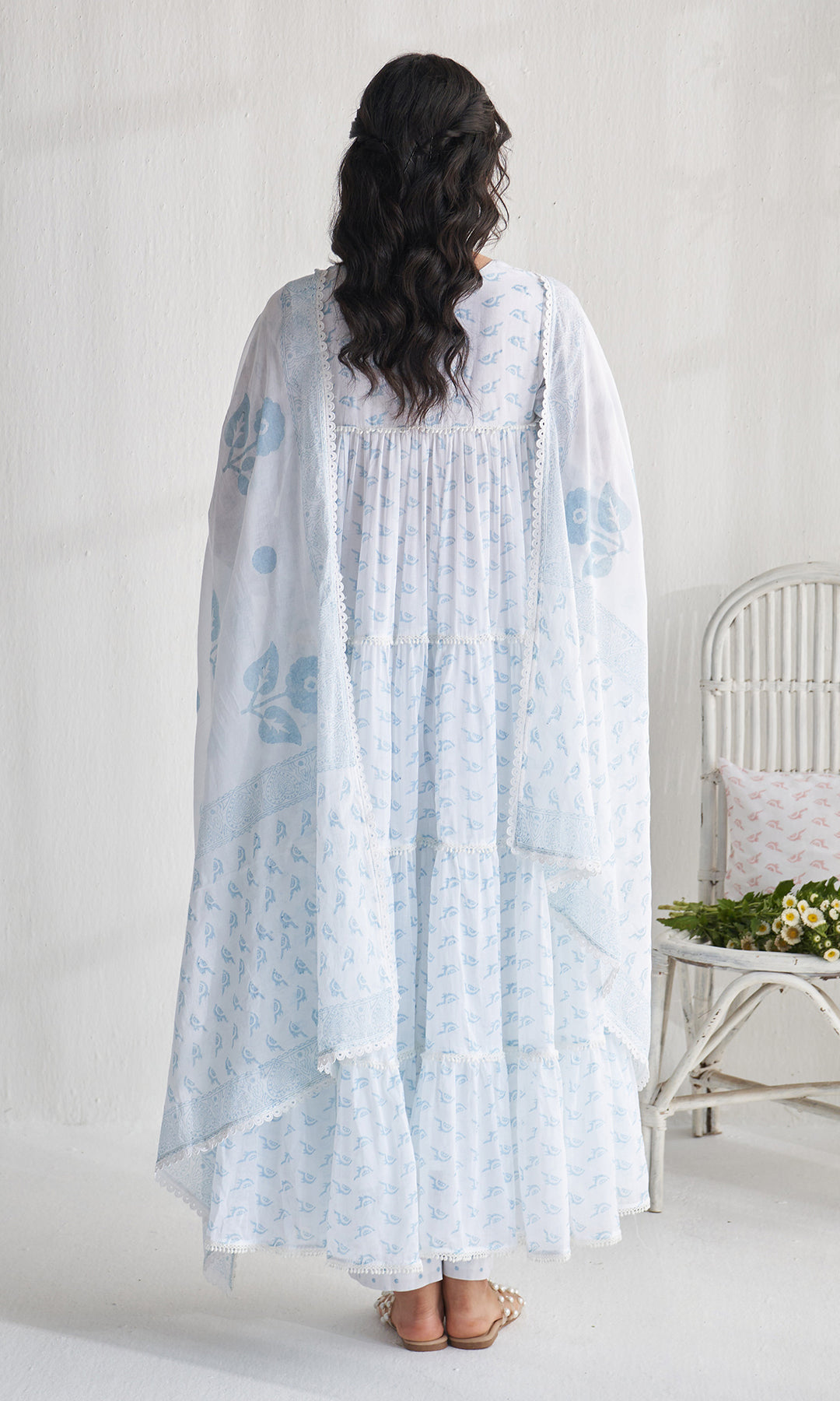 Gulmohar khari powder blue tiered block printed anarkali with palazzo and dupatta (set of 3)