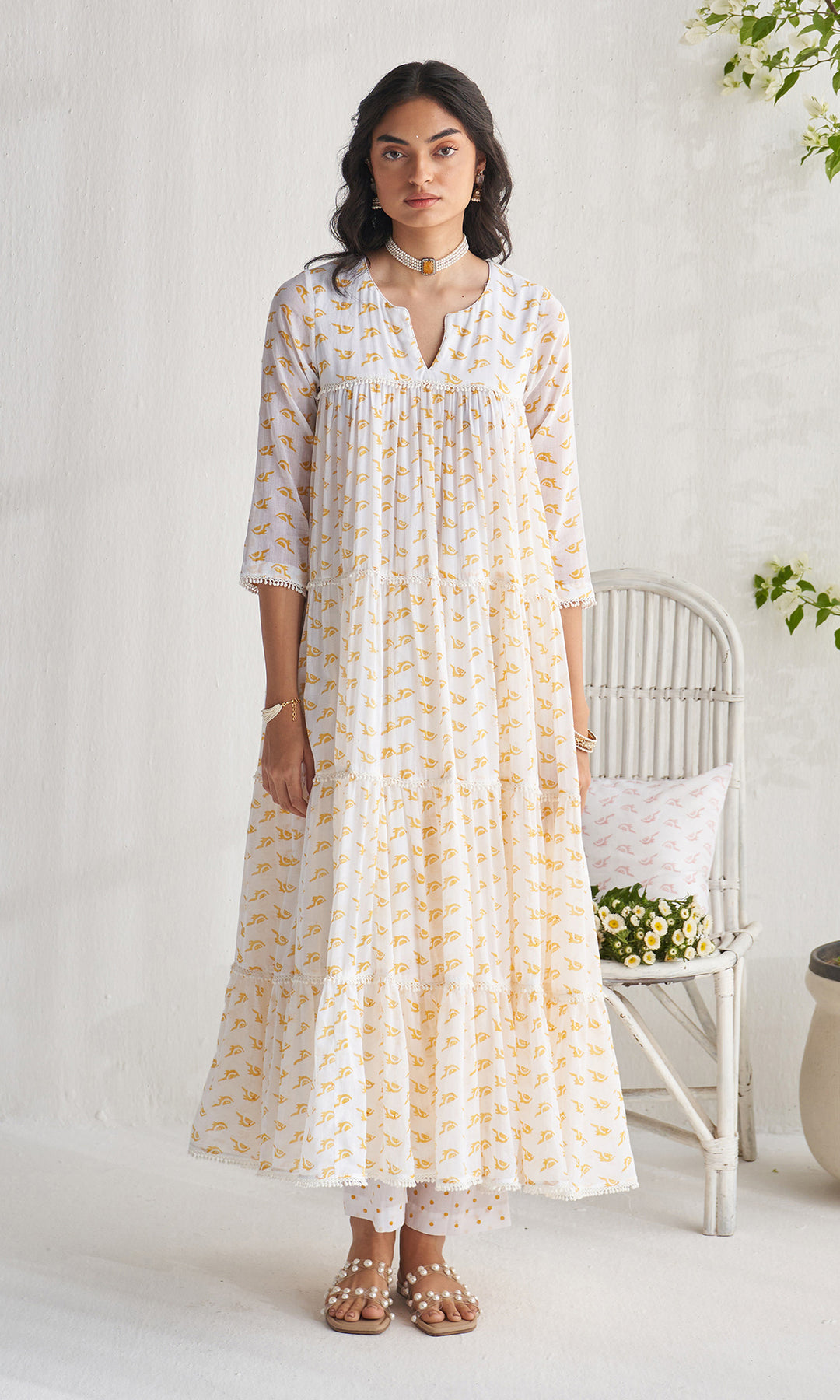 Gulmohar khari yellow tiered block printed anarkali with palazzo and dupatta (set of 3)