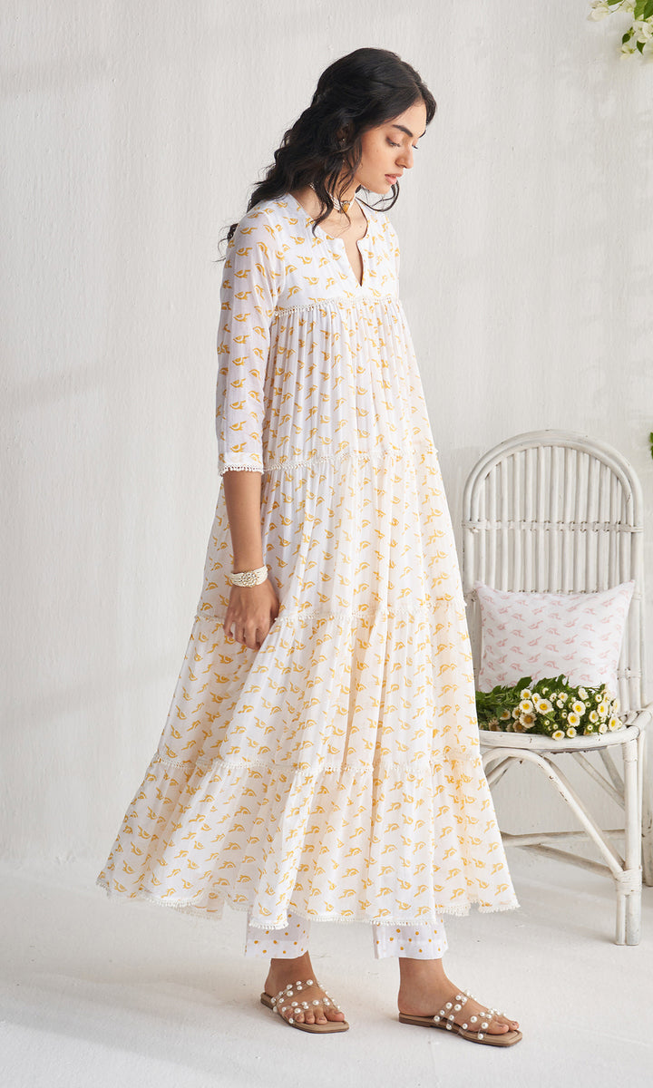 Gulmohar khari yellow tiered block printed anarkali with palazzo and dupatta (set of 3)