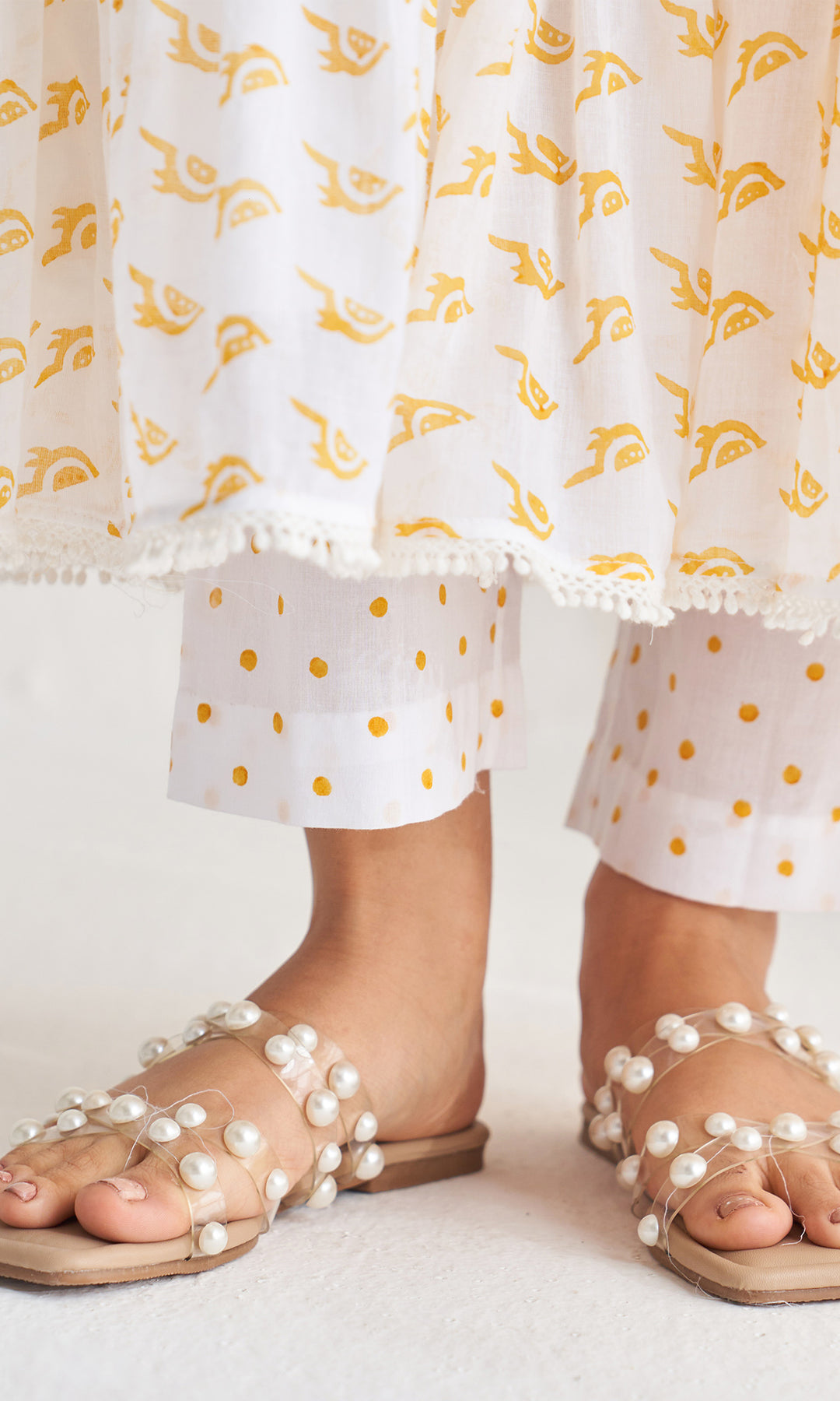 Gulmohar khari yellow tiered block printed anarkali with palazzo and dupatta (set of 3)