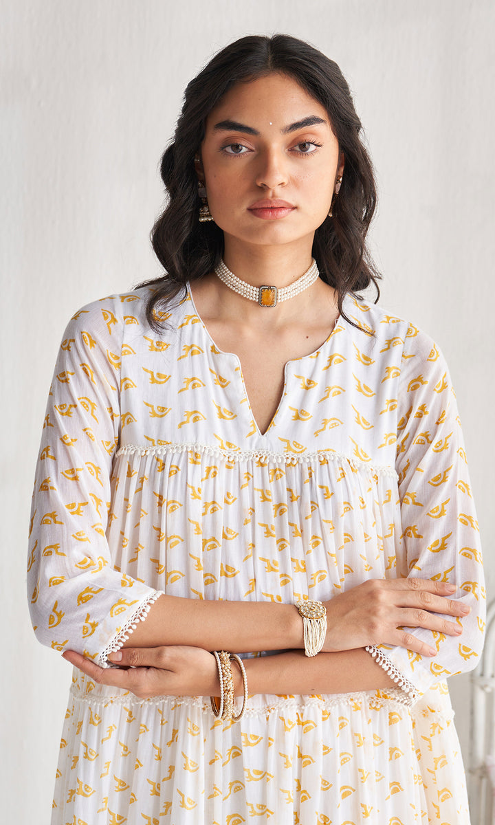 Gulmohar khari yellow tiered block printed anarkali with palazzo and dupatta (set of 3)