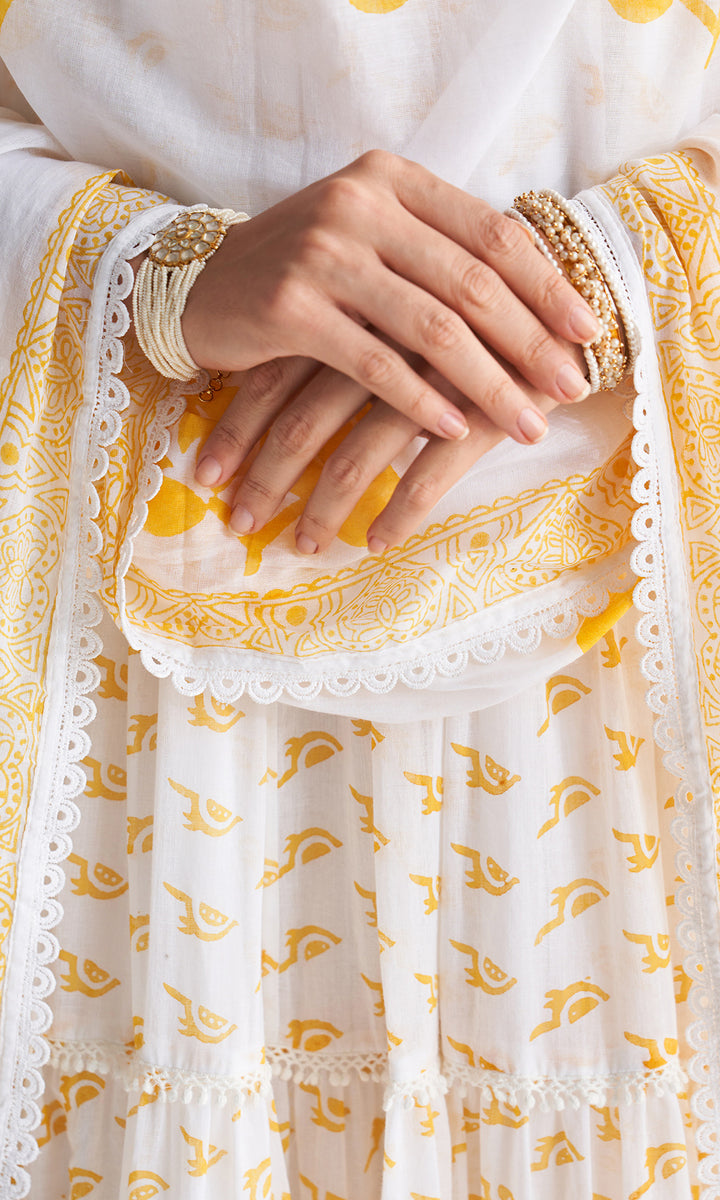 Gulmohar khari yellow tiered block printed anarkali with palazzo and dupatta (set of 3)