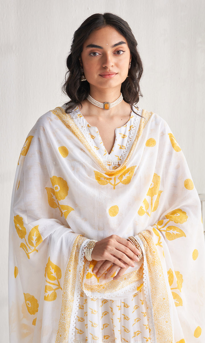 Gulmohar khari yellow tiered block printed anarkali with palazzo and dupatta (set of 3)