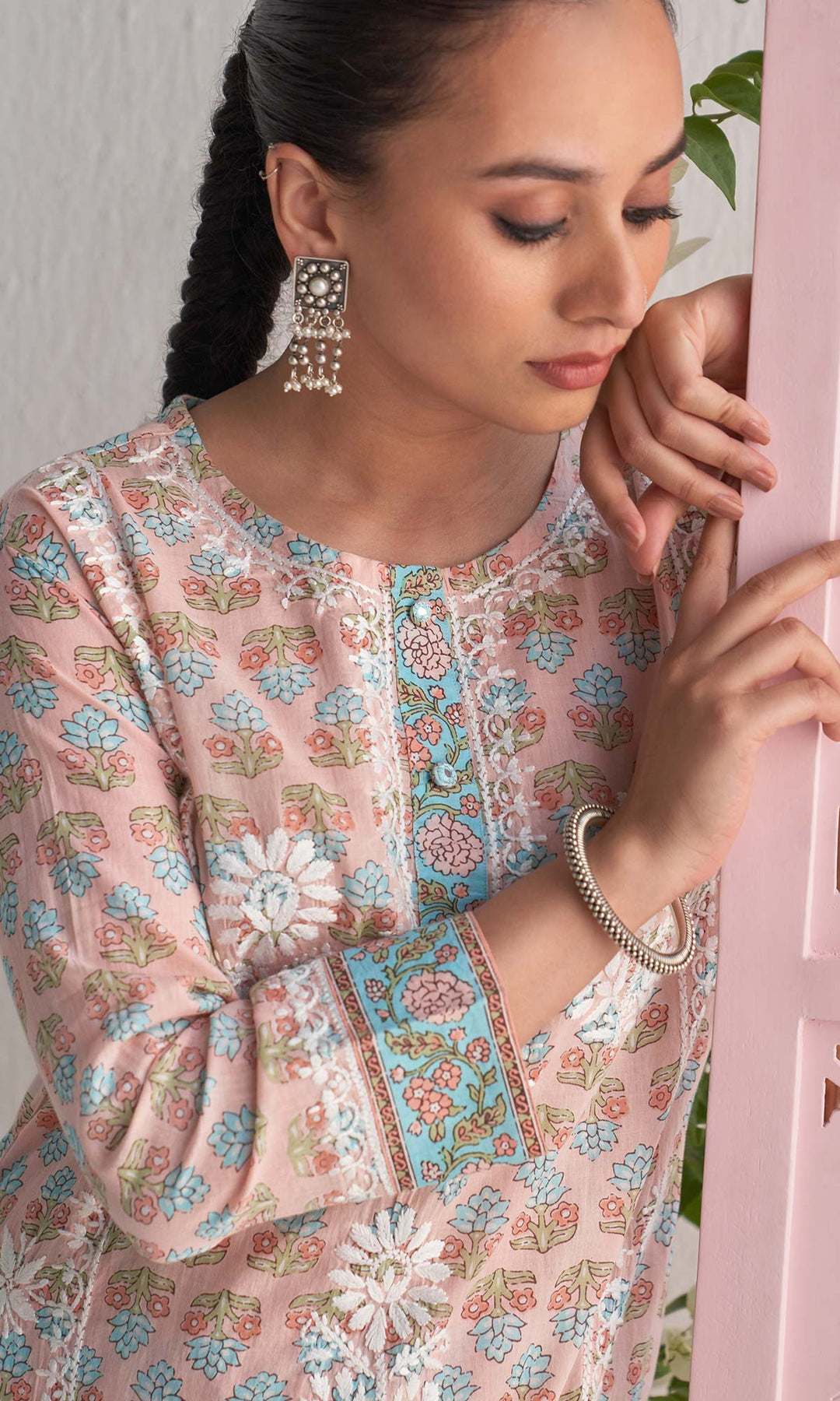 Handcrafted Chikankari Peach 2PC Kurta-Pant Set