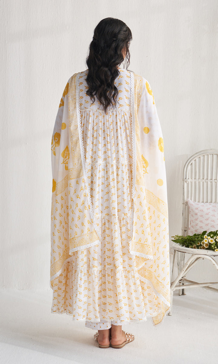 Gulmohar khari yellow tiered block printed anarkali with palazzo and dupatta (set of 3)
