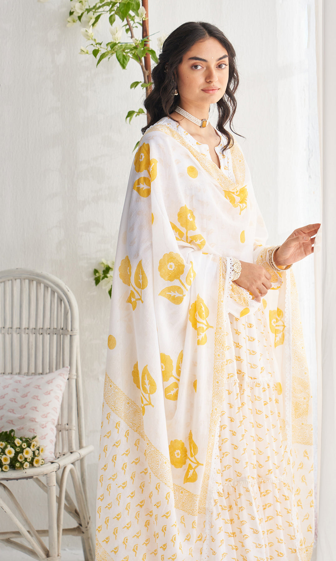 Gulmohar khari yellow tiered block printed anarkali with palazzo and dupatta (set of 3)