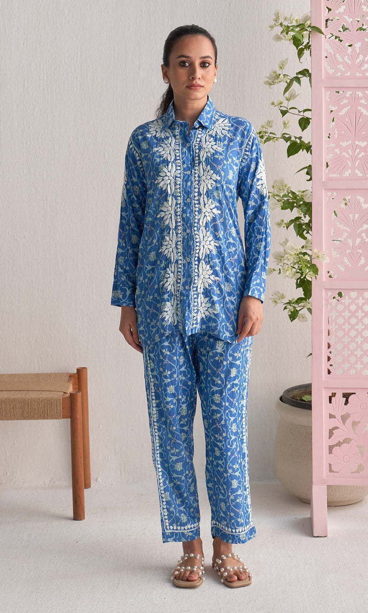 Handcrafted Chikankari Blue Printed Co-ord Set