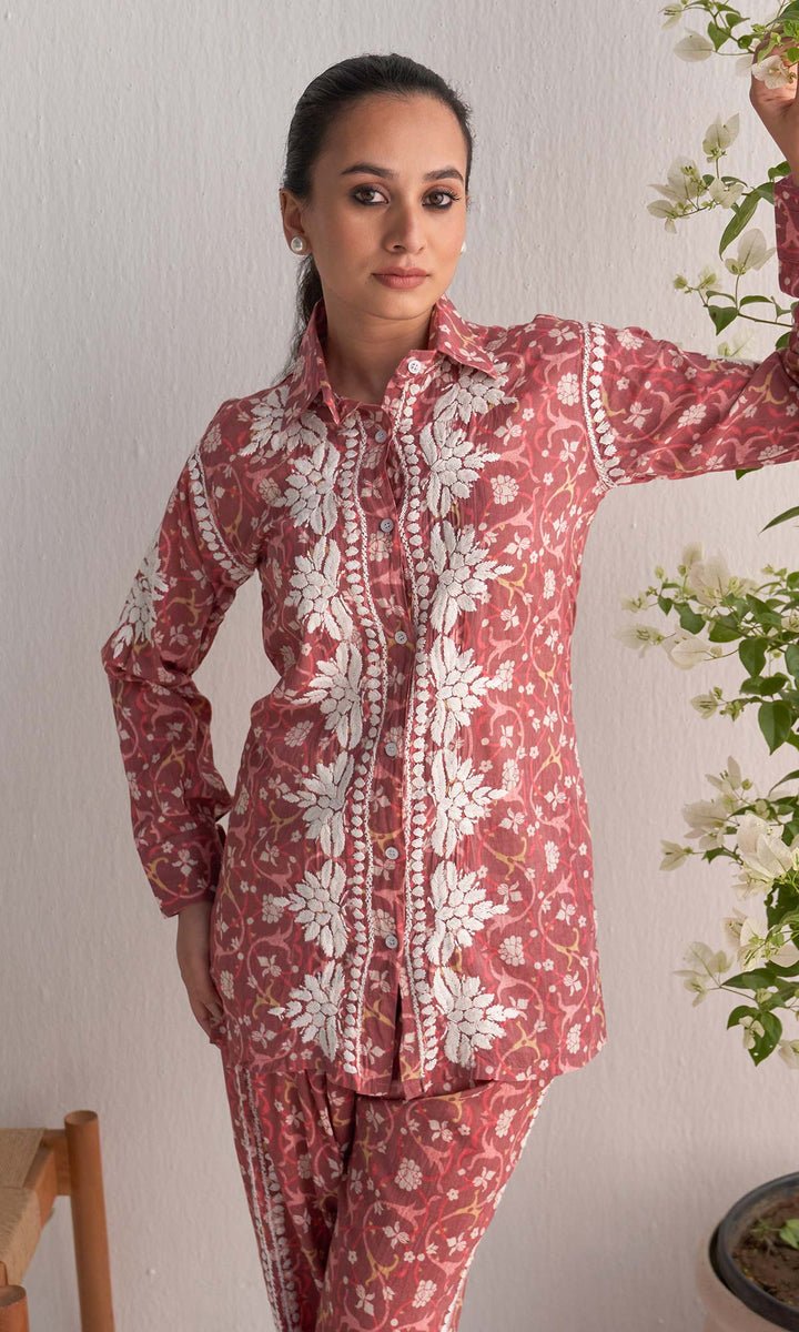 Handcrafted Chikankari Pink Printed Co-ord Set