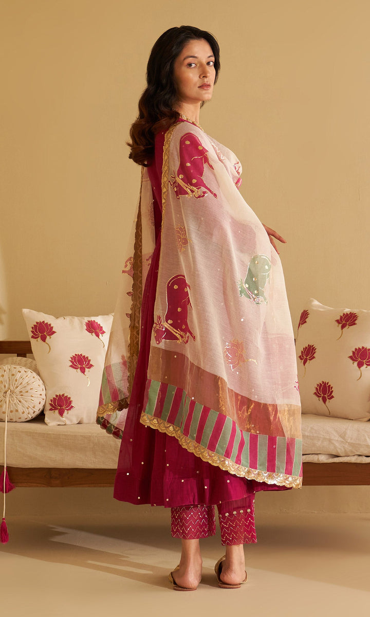Malasa Rani Angrakha with Palazzo and Block Printed Dupatta Set Of 3 RTS