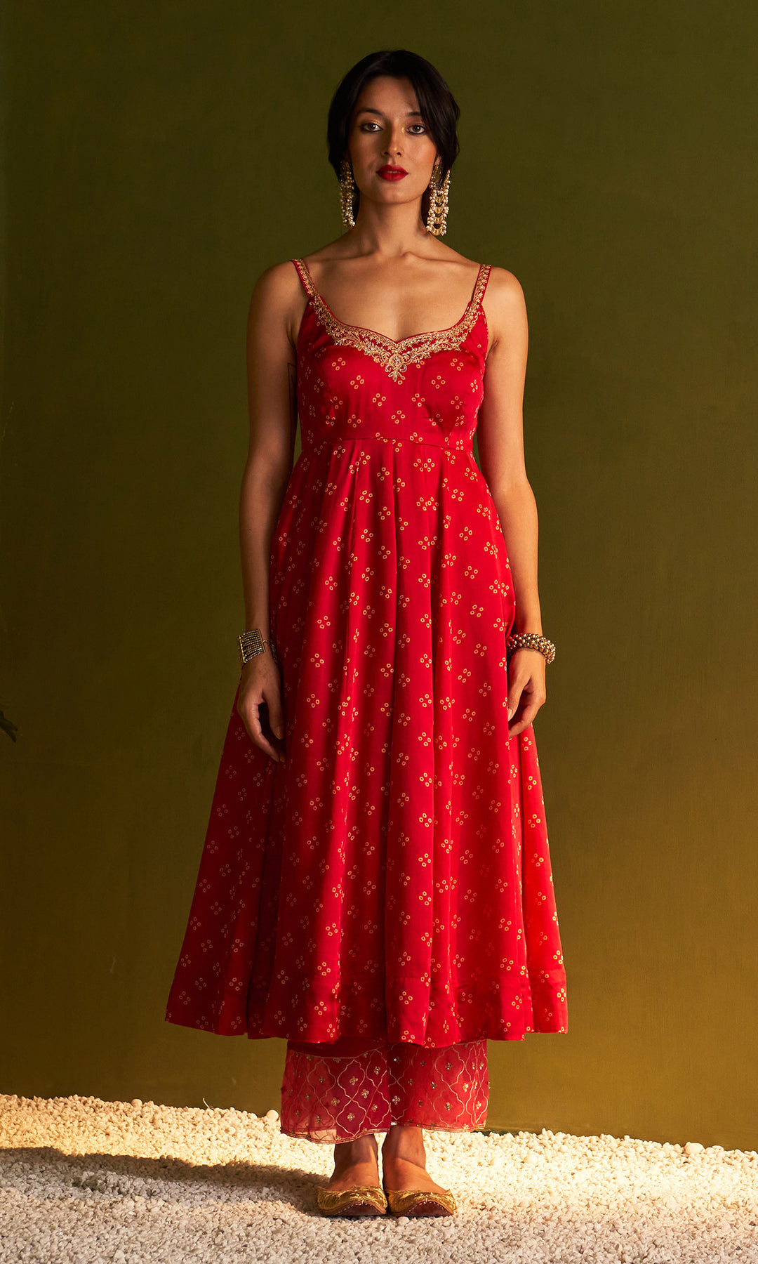Rangreza Bandhej Red Sleeveless Anarkali With Palazzo And Dupatta Set Of 3 XL
