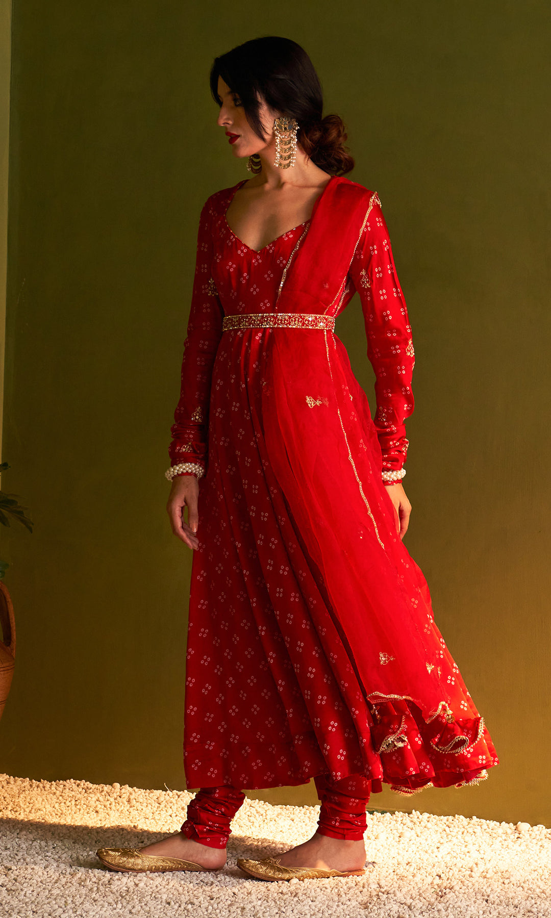Rangreza Bandhej Red Anarkali With Belt, Chooridar And Dupatta Set Of 4, XL Rangreza Bandhej Red Anarkali With Belt, Chooridar And Dupatta Set Of 4, XL