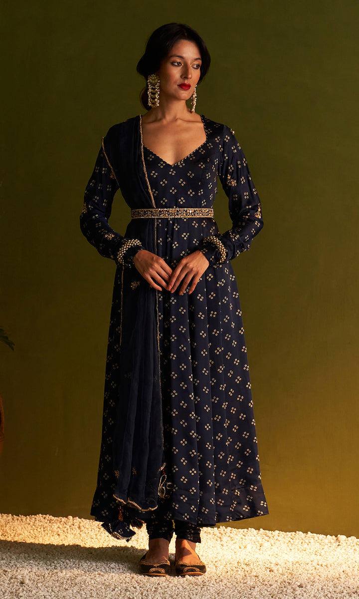 Rangreza Bandhej Midnight Blue Anarkali With Belt, Chooridar And Dupatta Set Of 4