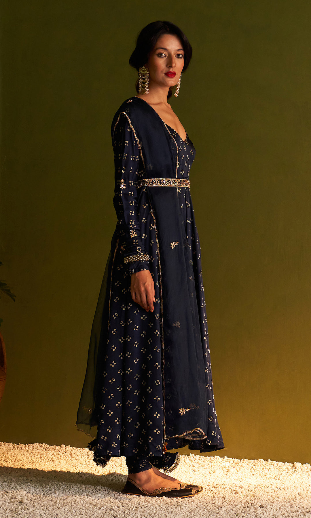 Rangreza Bandhej Midnight Blue Anarkali With Belt, Chooridar And Dupatta Set Of 4