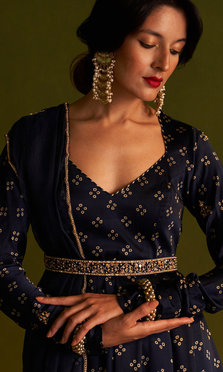 Rangreza Bandhej Midnight Blue Anarkali With Belt, Chooridar And Dupatta Set Of 4