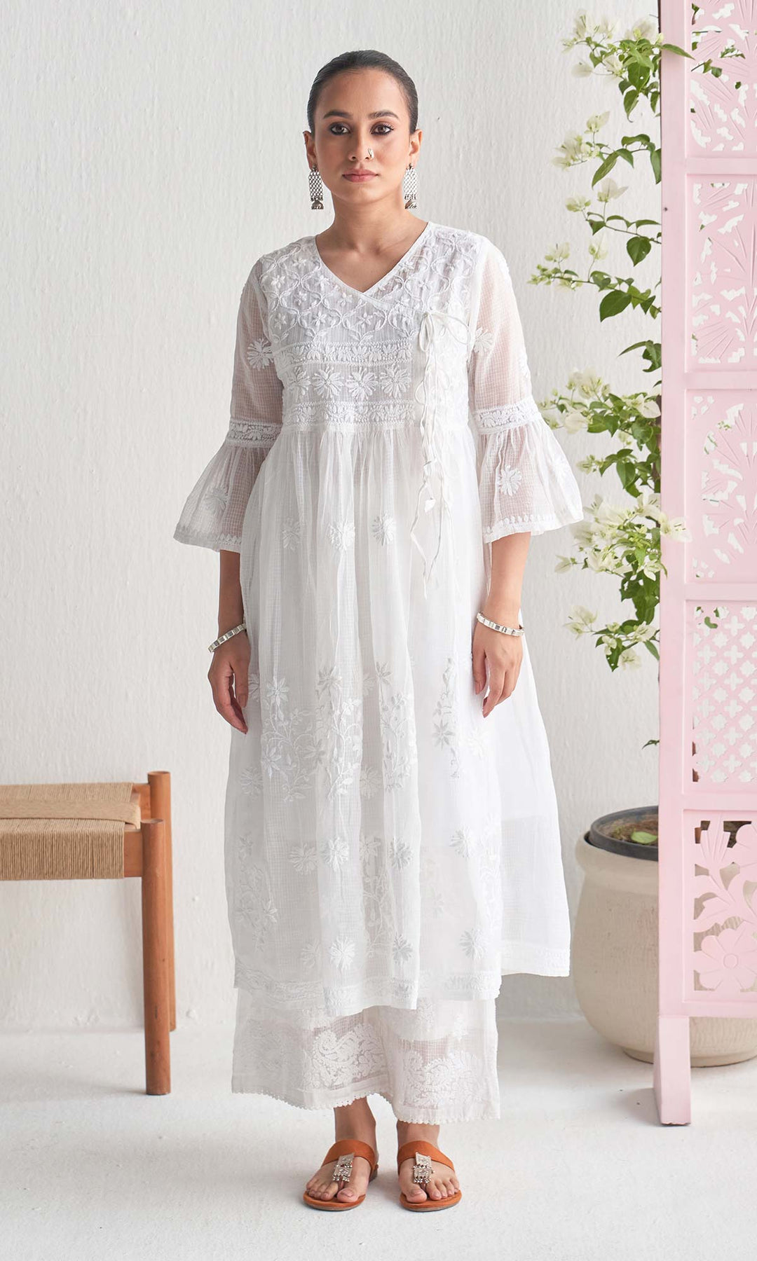 Handcrafted Chikankari White Angrakha with Inner